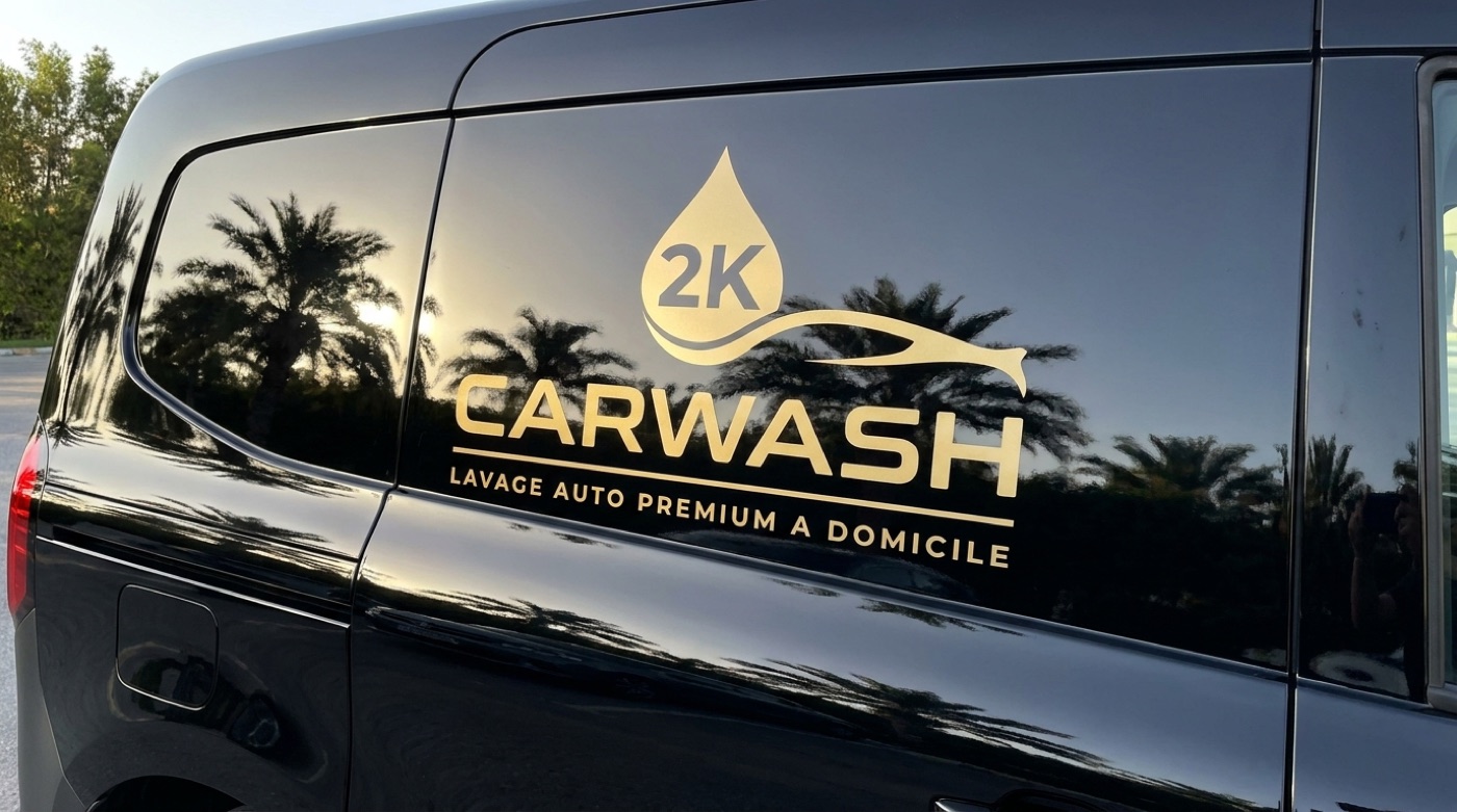 Détail du marquage doré 2K CarWash sur la carrosserie noire du fourgon.