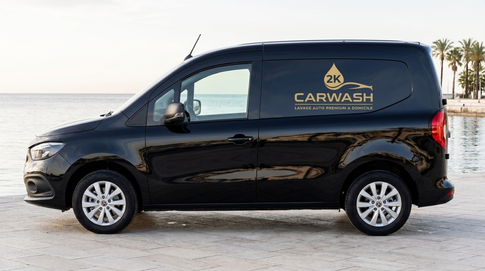 Le fourgon 2K CarWash, noir brillant avec le marquage doré, garé en bord de mer sur la Côte d’Azur.